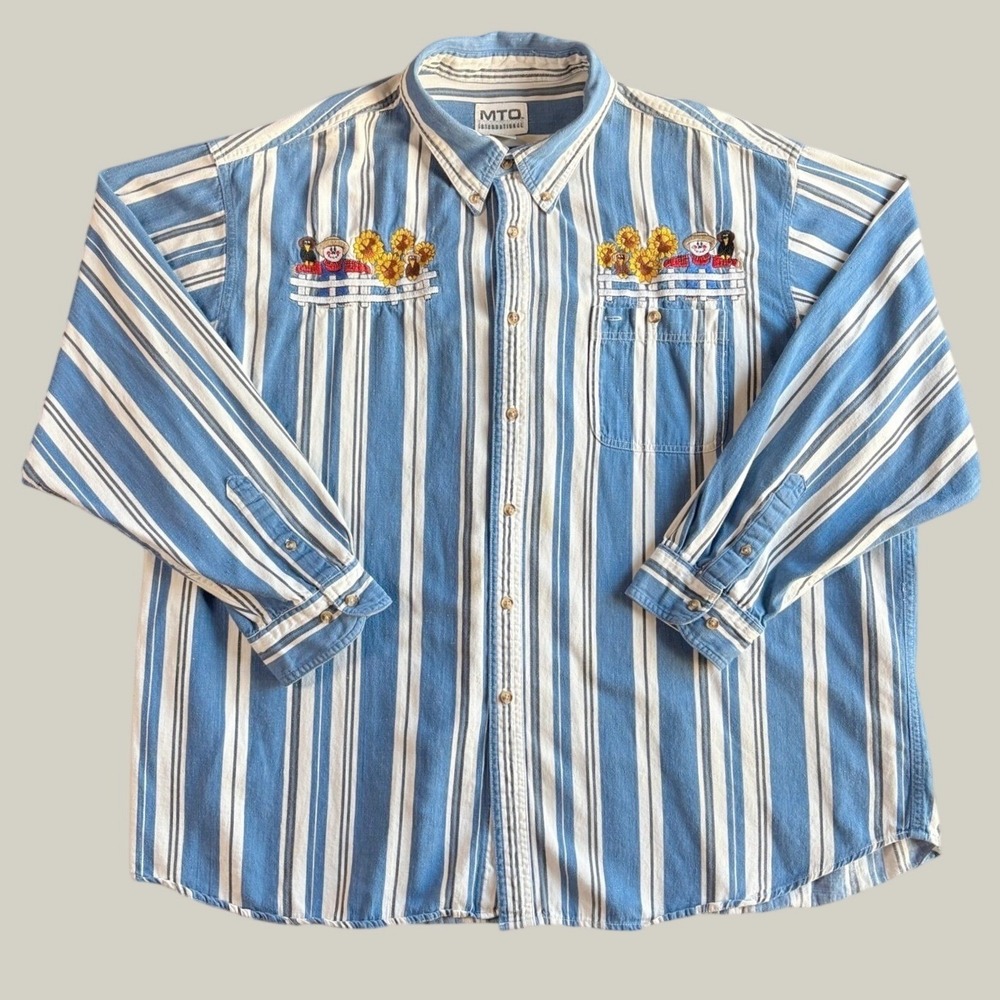MTO Women Shirt 3X Blue Embroidered Novelty Fall Scarecrow Sunflower Cottagecore